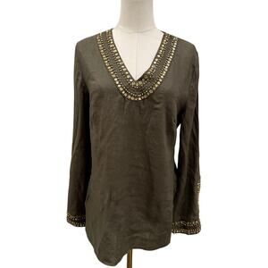 Willi Smith Womens 100% Linen Olive Green V Neck Beaded Tunic Long Sleeve Top 8